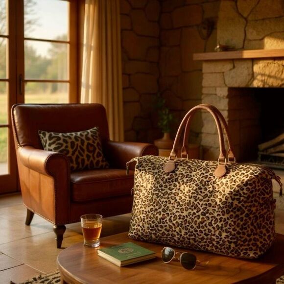 Large Leopard Weekender Tote Duffel Fur Hide Bag For Travel New - Picture 3 of 6